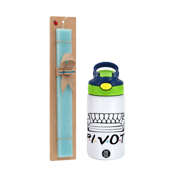 Friends Pivot, Easter Set, Children's thermal stainless steel bottle with safety straw, green/blue (350ml) & aromatic flat Easter candle (30cm) (TURQUOISE)