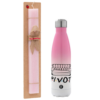 Friends Pivot, Easter Set, Metallic pink/white (Stainless steel) thermos, double-walled, 500ml & aromatic flat Easter candle (30cm) (PINK)