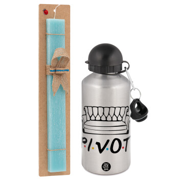 Friends Pivot, Easter Set, metallic silver aluminum water bottle (500ml) & scented flat Easter candle (30cm) (TURQUOISE)