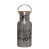 Stainless steel metallic thermos flask, silver with a bamboo lid, double-walled, 350ml.