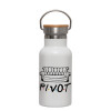 Metallic thermos (Stainless steel) White with wooden lid (bamboo), double-walled, 350ml