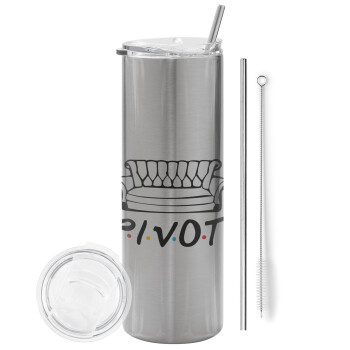 Friends Pivot, Eco friendly stainless steel Silver tumbler 600ml, with metal straw & cleaning brush