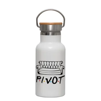 Friends Pivot, Μεταλλικό παγούρι θερμός (Stainless steel) Λευκό με ξύλινο καπακι (bamboo), διπλού τοιχώματος, 350ml