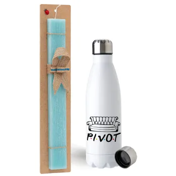 Friends Pivot, Easter Set, metallic stainless steel water bottle (750ml) & aromatic flat Easter candle (30cm) (TURQUOISE)