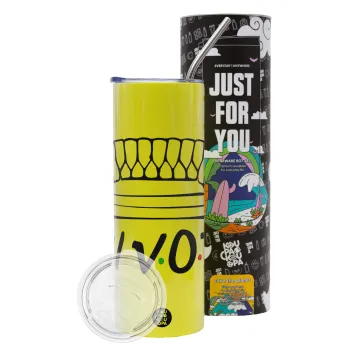 Friends Pivot, Neon Yellow Travel Tumbler θερμό, μεταλλικό καλαμάκι(Ανωξείδωτο 304 Food grade, BPA free, 600ml)
