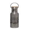 Stainless steel metallic thermos flask, silver with a bamboo lid, double-walled, 350ml.