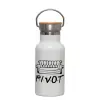 Metallic thermos (Stainless steel) White with wooden lid (bamboo), double-walled, 350ml