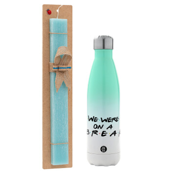 Friends we were on a break, Easter Set, Metallic green/white thermos (Stainless steel), double-walled, 500ml & scented flat Easter candle (30cm) (TURQUOISE)