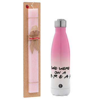 Friends we were on a break, Easter Set, Metallic pink/white (Stainless steel) thermos, double-walled, 500ml & aromatic flat Easter candle (30cm) (PINK)