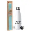 Easter Set, metallic stainless steel water bottle (750ml) & aromatic flat Easter candle (30cm) (TURQUOISE)