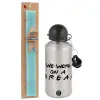 Easter Set, metallic silver aluminum water bottle (500ml) & scented flat Easter candle (30cm) (TURQUOISE)