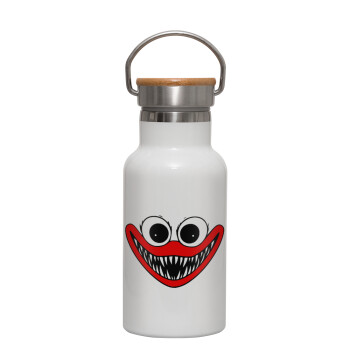 Huggy wuggy, Metallic thermos (Stainless steel) White with wooden lid (bamboo), double-walled, 350ml
