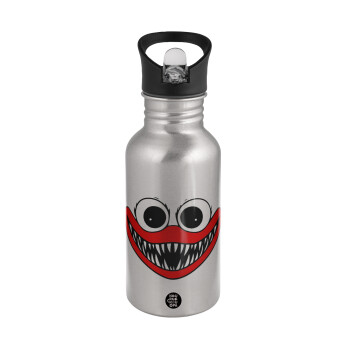 Huggy wuggy, Water bottle Silver with straw, stainless steel 500ml