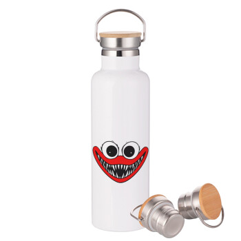Huggy wuggy, Stainless steel White with wooden lid (bamboo), double wall, 750ml