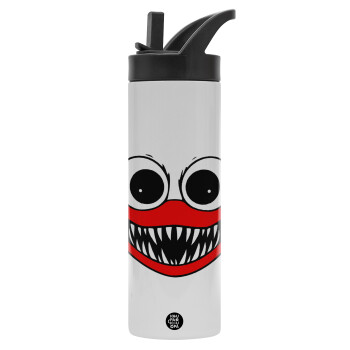Huggy wuggy, Metallic thermos bottle with straw & handle, stainless steel (Stainless steel 304), double-walled, 600ml.