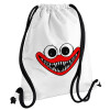 Huggy wuggy, Τσάντα πλάτης πουγκί GYMBAG λευκή, με τσέπη (40x48cm) & χονδρά κορδόνια