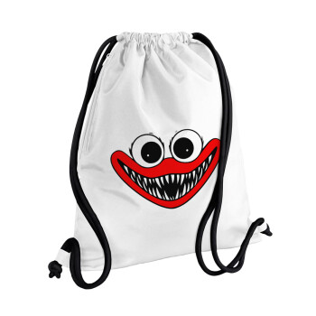 Huggy wuggy, Τσάντα πλάτης πουγκί GYMBAG λευκή, με τσέπη (40x48cm) & χονδρά κορδόνια