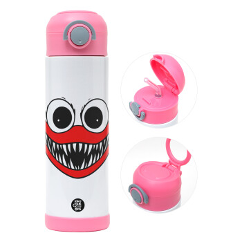 Huggy wuggy, Children's hot water bottle, stainless steel, with safety straw, PINK (500ml)