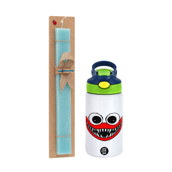 Huggy wuggy, Easter Set, Children's thermal stainless steel bottle with safety straw, green/blue (350ml) & aromatic flat Easter candle (30cm) (TURQUOISE)