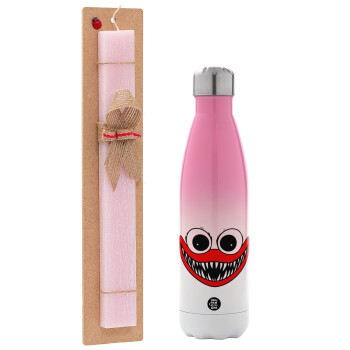 Huggy wuggy, Easter Set, Metallic pink/white (Stainless steel) thermos, double-walled, 500ml & aromatic flat Easter candle (30cm) (PINK)