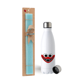 Huggy wuggy, Easter Set, metallic stainless steel water bottle (750ml) & aromatic flat Easter candle (30cm) (TURQUOISE)