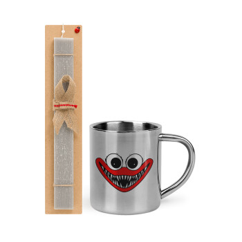 Huggy wuggy, Easter Set, metallic thermal cup (300ml) & Easter aromatic flat candle (30cm) (GRAY)
