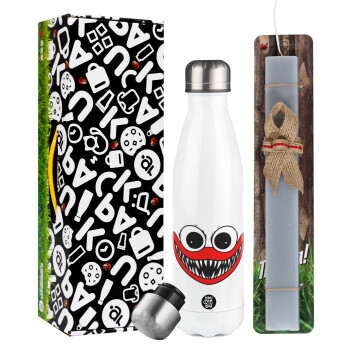 Huggy wuggy, Easter candle, metallic white thermos bottle (500ml) & aromatic flat candle (30cm) (GRAY)