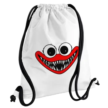 Huggy wuggy, Backpack pouch GYMBAG white, with pocket (40x48cm) & thick cords