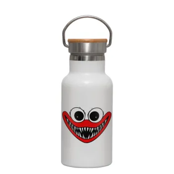 Huggy wuggy, Μεταλλικό παγούρι θερμός (Stainless steel) Λευκό με ξύλινο καπακι (bamboo), διπλού τοιχώματος, 350ml