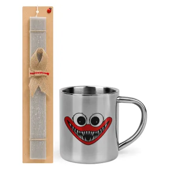 Huggy wuggy, Easter Set, metallic thermal cup (300ml) & Easter aromatic flat candle (30cm) (GRAY)