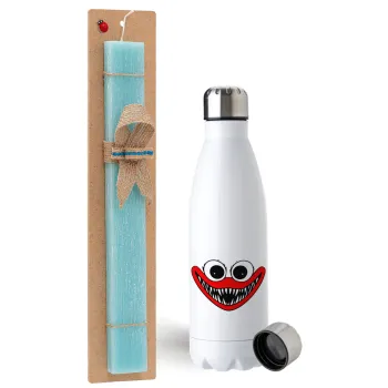 Huggy wuggy, Easter Set, metallic stainless steel water bottle (750ml) & aromatic flat Easter candle (30cm) (TURQUOISE)