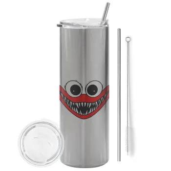 Huggy wuggy, Tumbler ποτήρι θερμό Ασημένιο από ανοξείδωτο ατσάλι 600ml, με μεταλλικό καλαμάκι & βούρτσα καθαρισμού