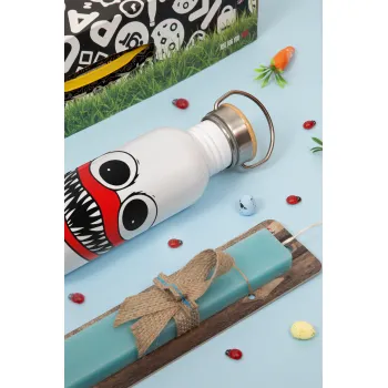 Huggy wuggy, Easter Set, metallic silver aluminum water bottle (500ml) & scented flat Easter candle (30cm) (TURQUOISE)