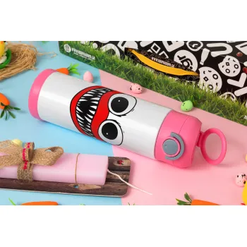 Huggy wuggy, Easter candle, Childrens hot water bottle, stainless steel, with safety straw, PINK (500ml)