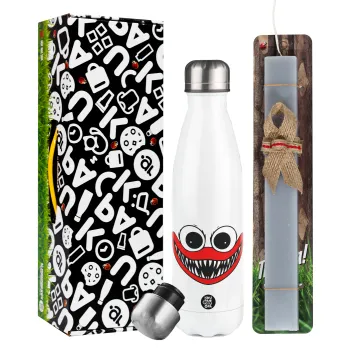 Huggy wuggy, Easter candle, metallic white thermos bottle (500ml) & aromatic flat candle (30cm) (GRAY)