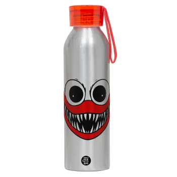 Huggy wuggy, Αλουμινένιο Αθλητικό Μπουκάλι 650ml – Ασημί με Κόκκινο Καπάκι και Λουράκι Σιλικόνης