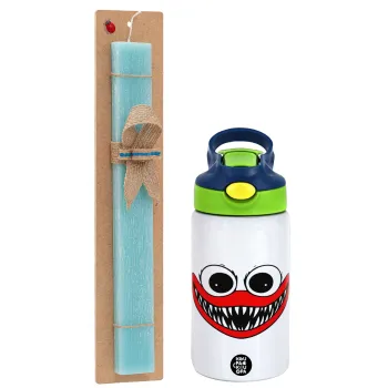Huggy wuggy, Easter Set, Children's thermal stainless steel bottle with safety straw, green/blue (350ml) & aromatic flat Easter candle (30cm) (TURQUOISE)
