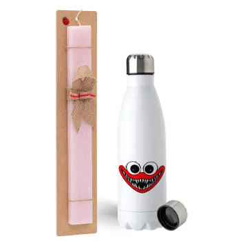 Huggy wuggy, Easter Set, metallic stainless steel water bottle (750ml) & scented flat Easter candle (30cm) (PINK)