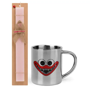 Huggy wuggy, Easter Set, metallic thermal cup (300ml) & aromatic flat Easter candle (30cm) (PINK)