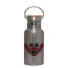 Stainless steel metallic thermos flask, silver with a bamboo lid, double-walled, 350ml.