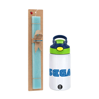 SEGA, Easter Set, Children's thermal stainless steel bottle with safety straw, green/blue (350ml) & aromatic flat Easter candle (30cm) (TURQUOISE)