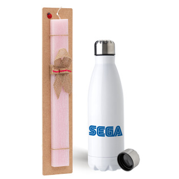 SEGA, Easter Set, metallic stainless steel water bottle (750ml) & scented flat Easter candle (30cm) (PINK)
