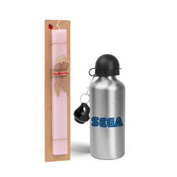 SEGA, Easter Set, metallic Silver aluminum water bottle (500ml) & scented flat Easter candle (30cm) (PINK)