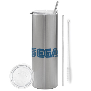 SEGA, Eco friendly ποτήρι θερμό Ασημένιο (tumbler) από ανοξείδωτο ατσάλι 600ml, με μεταλλικό καλαμάκι & βούρτσα καθαρισμού