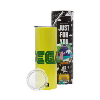 SEGA, Neon Yellow Travel Tumbler, with metal straw (Stainless steel 304 Food grade, BPA free, 600ml)