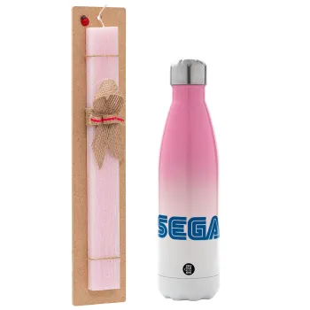 SEGA, Πασχαλινή Λαμπάδα με Μεταλλικό παγούρι θερμός Ροζ/Λευκό (Stainless steel), διπλού τοιχώματος, 500ml & κερί αρωματικό πλακέ (30cm) (ΡΟΖ)