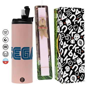 SEGA, Easter candle,Travel Tumbler 2 Lids, with metal straw & cleaning brush & aromatic flat candle (30cm) (PINK)