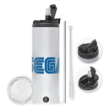 SEGA, Travel Tumbler θερμό με διπλό καπάκι, μεταλλικό καλαμάκι και βούρτσα καθαρισμού (Ανωξείδωτο 304 Food grade, BPA free, 600ml)