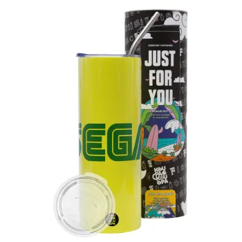 SEGA, Neon Yellow Travel Tumbler θερμό, μεταλλικό καλαμάκι(Ανωξείδωτο 304 Food grade, BPA free, 600ml)