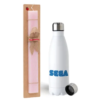 SEGA, Easter Set, metallic stainless steel water bottle (750ml) & scented flat Easter candle (30cm) (PINK)
